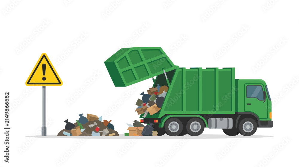 Obraz premium Flat vector illustration of a green garbage truck dumping municipal waste into a pile next to a yellow caution sign on a white background, showing waste management services.