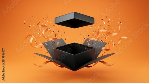 Black open gift box floating with confetti on orange