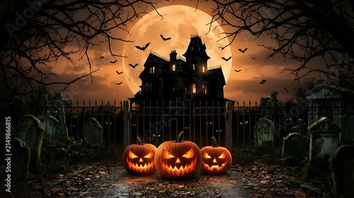 Spooky halloween haunted house with jackolanterns in graveyard