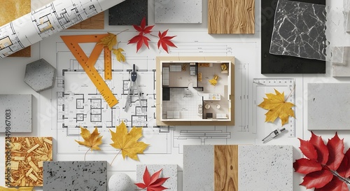 Building plan model with material swatches.