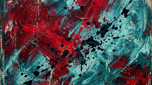 Abstract Teal and Red Paint Splash Art for Modern Interior Design Decor