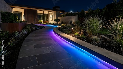 Elegant Nighttime Walkway with Colorful LED Lights Surrounded by Greenery