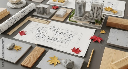 Building plan model with material swatches.