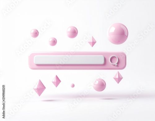 Pink 3D search bar and geometric shapes on light background