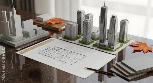 Building plan model with material swatches.