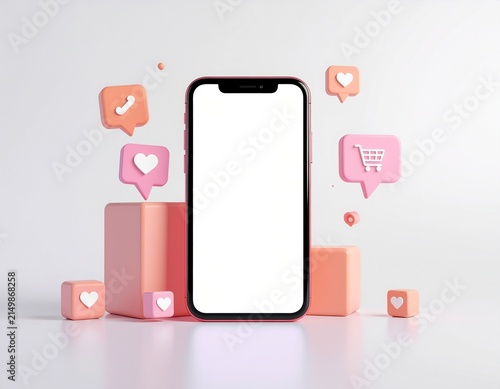 3D render of smartphone with blank white screen on pink podium surrounded by social media notification icons, shopping cart symbol and coral geometric shapes, online shopping and digital marketing con