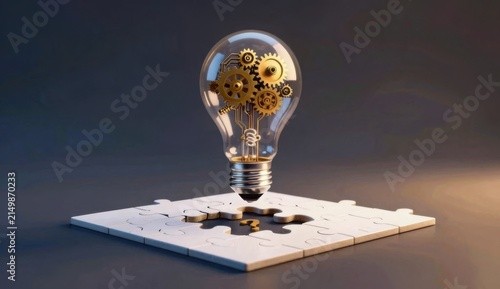 Minimalist 3D lightbulb with gears above a cracked puzzle with a missing piece, symbolizing problem-solving and strategy in business.