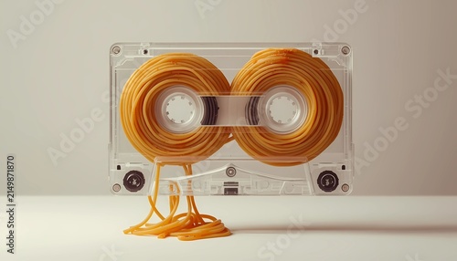 Surreal food concept of transparent retro audio cassette neatly filled with spaghetti pasta. Creative food art for restaurant blogs, posters and social media.