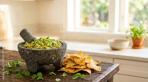 Fresh Homemade Guacamole in a Traditional Molcajete with Crispy Corn Tortilla Chips, Mexican Appetizer for National Guacamole Day Celebrations or Social Gatherings