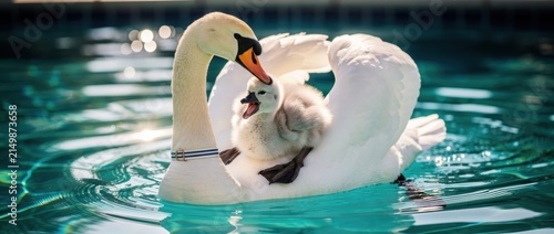 White mute swan swimming in blue water with a fluffy cygnet riding on its back. The mother swan gently nuzzles the baby bird during a sunny day. Animal motherhood and protection concept.