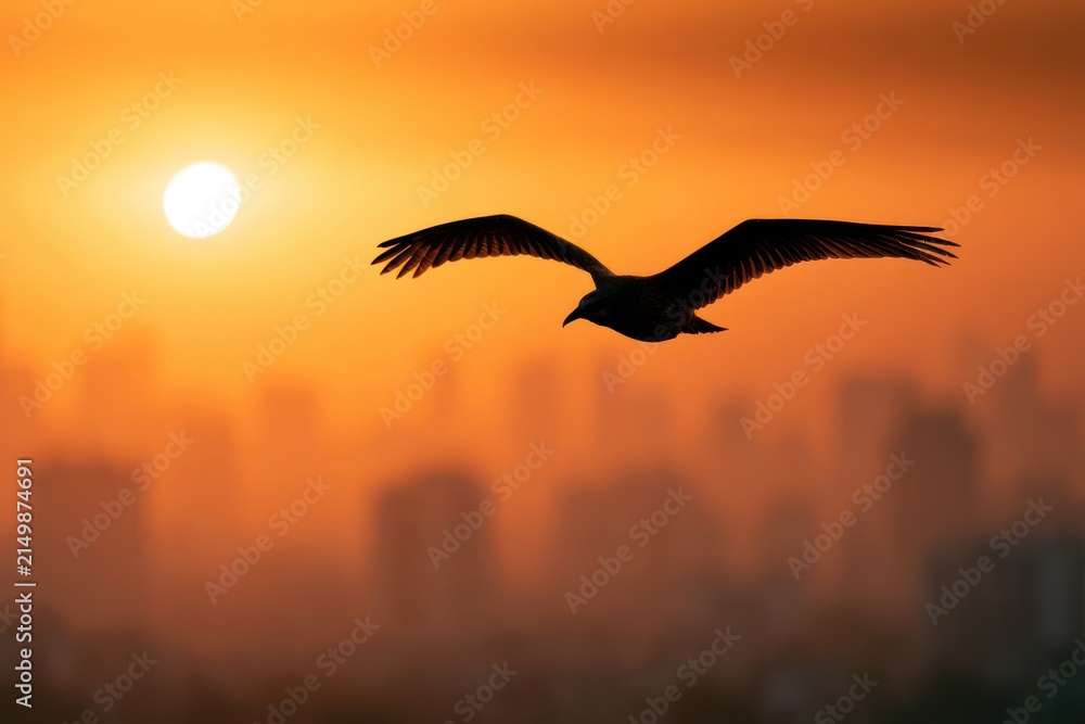 Naklejka premium Tranquil dawn with flying bird silhouette and city