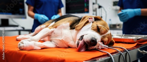 Beagle dog sedated on an operating table in a vet clinic. Professionals monitor the anesthetized pet during surgery. Veterinary care concept, ideal for animal medicine and health marketing.