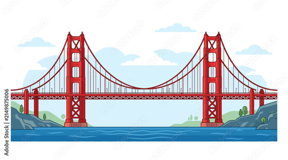 Fototapeta premium Professional flat design vector illustration of the Golden Gate Bridge in San Francisco, featuring the iconic red suspension towers, cable spans over blue water, and soft white clouds.