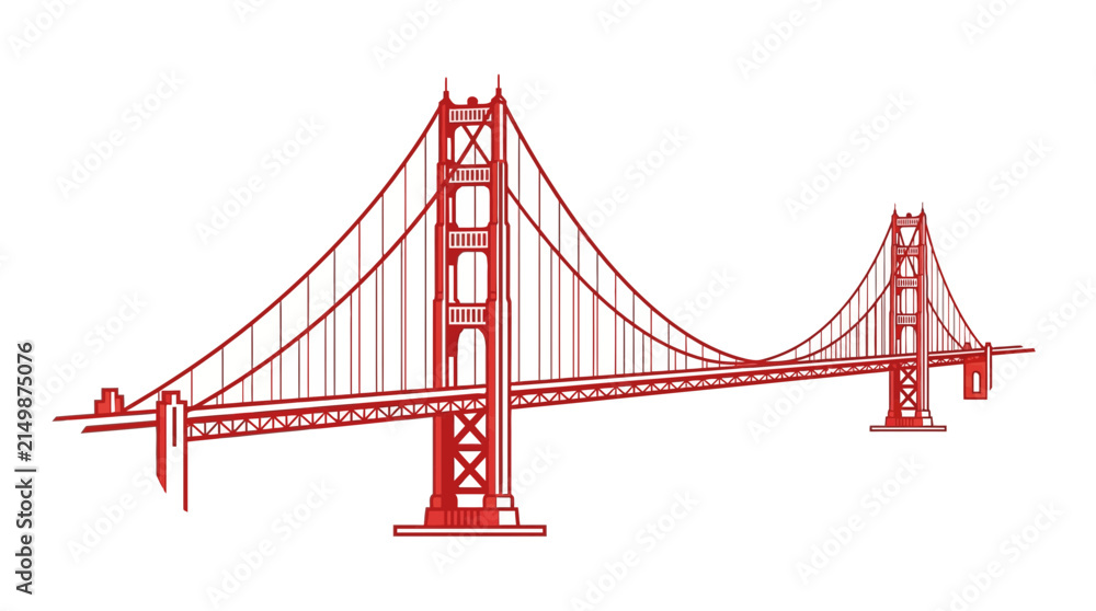 Fototapeta premium Minimalist red vector illustration of the Golden Gate Bridge in San Francisco, California, featuring clean lines, iconic suspension towers, and cables against a plain white background.