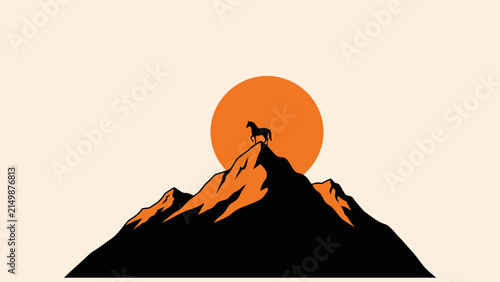 Silhouette of a lone horse standing proudly on a mountain peak against a vibrant orange sun.