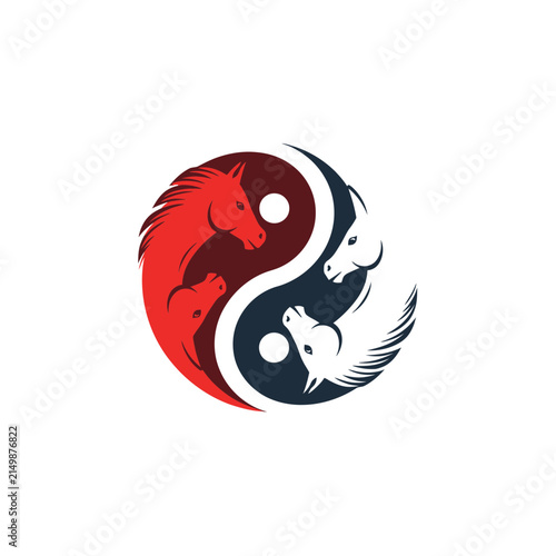 Yin Yang symbol with red and white horses, representing balance, duality, harmony, and opposing forces.