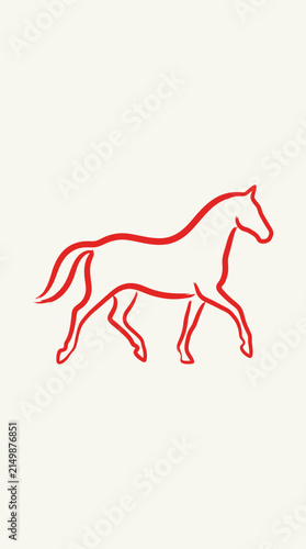 Elegant red line art silhouette of a horse walking with a flowing mane and tail on a light background