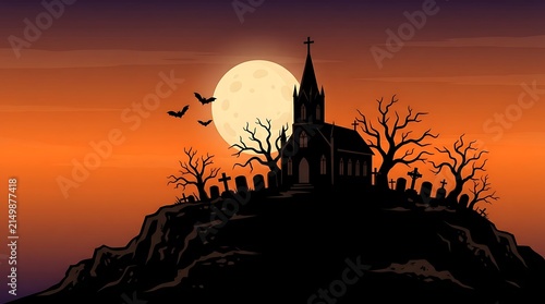 Spooky church on a hill with a graveyard under a full moon