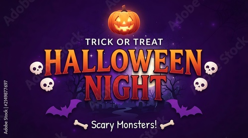 Halloween night banner with pumpkin, skulls, bats and graveyard