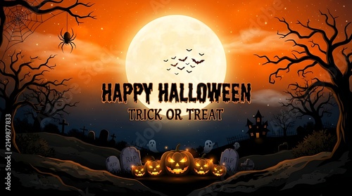 Halloween background with pumpkins, ghosts and full moon