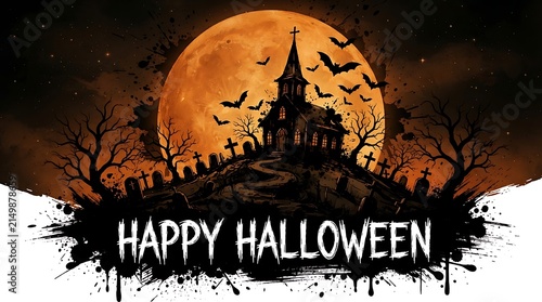 Spooky halloween background with haunted church and full moon