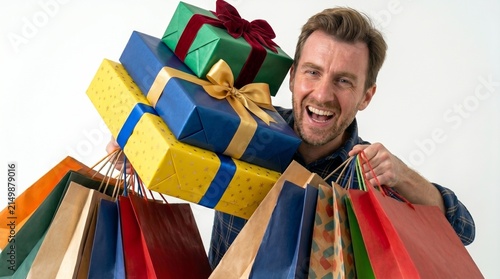 Man struggling with Black Friday purchases. Man holding many colorful gift boxes and shopping bags. Excited customer celebrating sale and holiday shopping. 