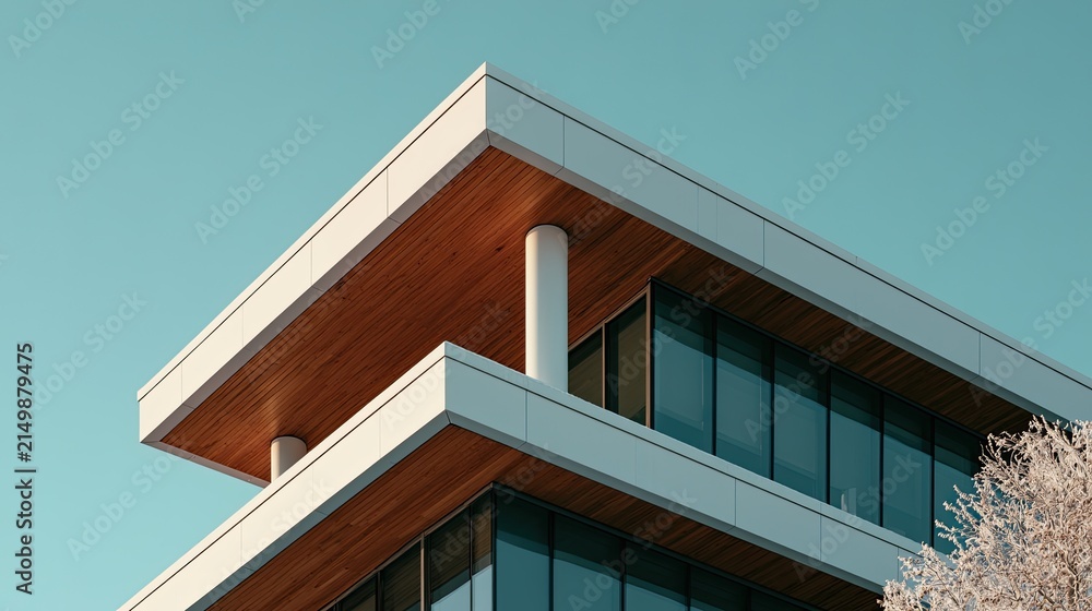 Obraz premium Modern building exterior with geometric lines and wooden accents under sky