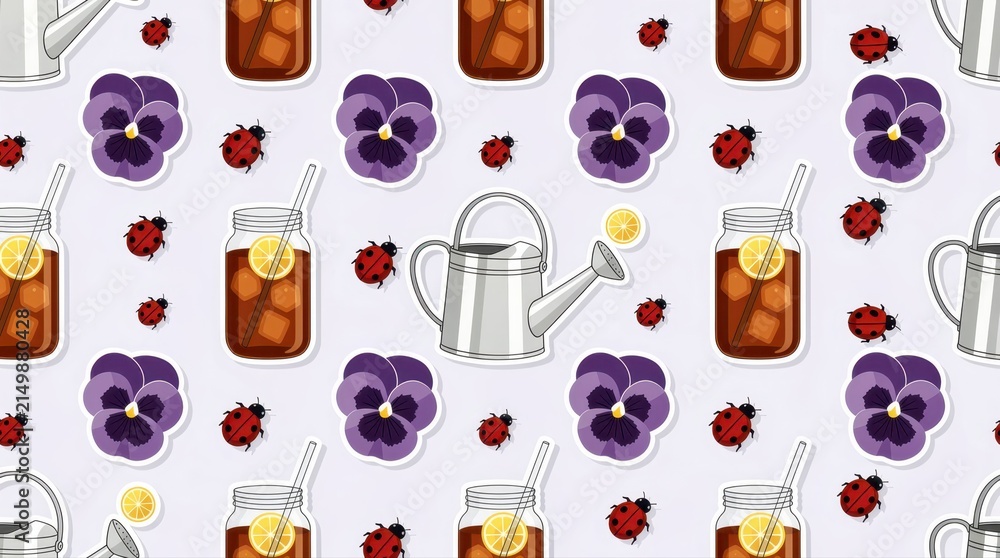 Seamless pattern with watering cans, iced tea jars, ladybugs, and pansies. Flat vector illustration featuring garden elements on a light purple background. Summer gardening concept for textiles.