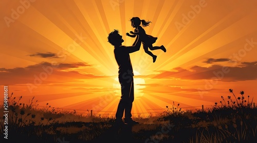 Silhouette of a father lifting his daughter at sunset