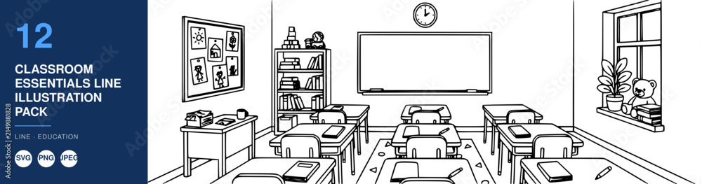 Fototapeta premium Classroom Essentials Line Illustration Pack Nameplate with School Furniture, Chalkboard, Windows, and Classroom Layout Concept