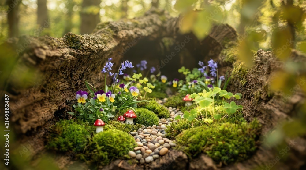 Obraz premium Miniature fairy garden inside a mossy hollow log.