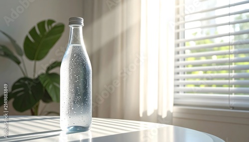 Botella de agua con gotas de condensación sobre una mesa junto a una ventana con persianas y planta de interior