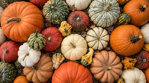 Foto Assorted pumpkins and gourds for autumnal decoration and seasonal display