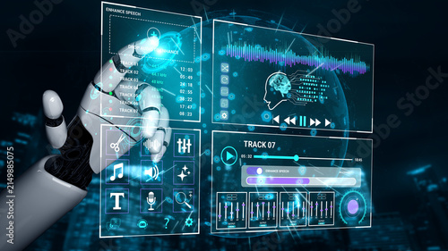 фотографія Futuristic Robot Hand Interacting with Digital Audio Interface in a High-Tech Environment
