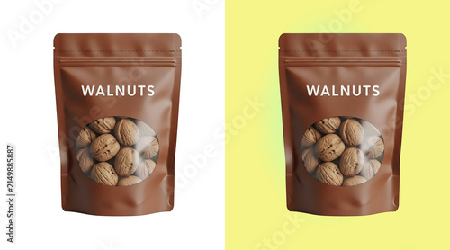 Brown stand-up pouch bag with a transparent window filled with whole walnuts, isolated on a white background, for product, packaging mockup isolated on a transparent background