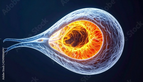 Artistic rendering of biological cell with glowing nucleus radiating orange‑yellow filaments against dark blue background…