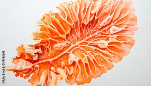 Abstract organic form with vein‑like patterns radiating from central stem, colors shifting orange to peach to white…