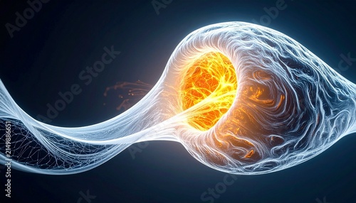 Artistic rendering of biological cell with glowing nucleus radiating orange‑yellow filaments against dark blue background…