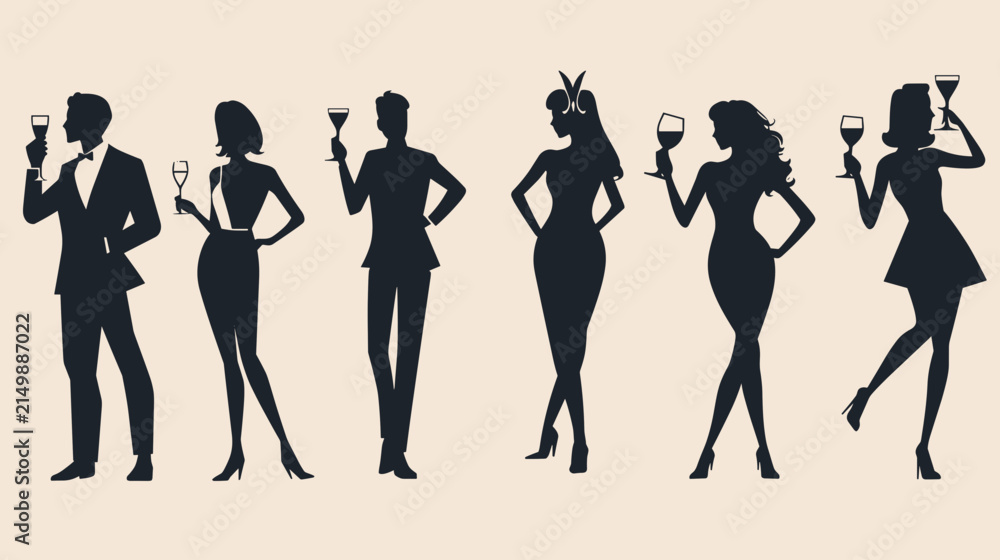 Fototapeta premium Group Of Stylish Silhouettes Holding Cocktail Glasses In A Studio Setting