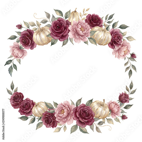Suggested Title
Elegant watercolor autumn oval frame with burgundy roses, blush pink peonies, gold pumpkins, and foliage, floral border with copy space on paper texture, isolated illustration