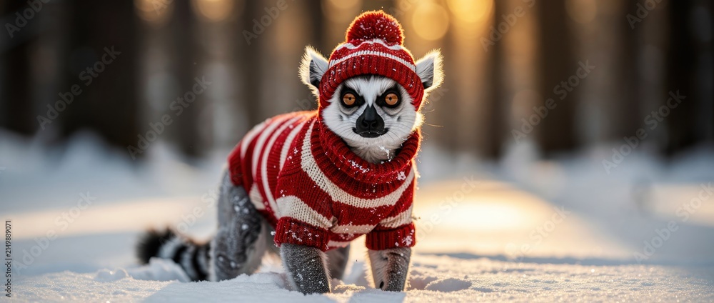 Fototapeta premium Cute ring-tailed lemur wearing a red striped sweater and hat in snow. Funny lemur in warm knitwear standing in a sunny winter forest. Humorous animal fashion concept for holiday cards and seasonal.
