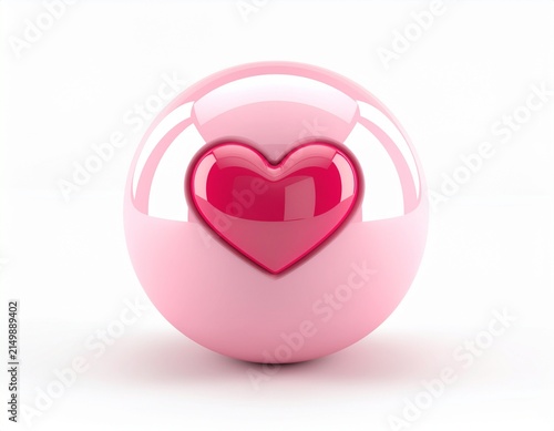Glossy pink sphere with red heart icon inside, 3D render of love symbol ball on white background with soft shadow, romantic valentine concept