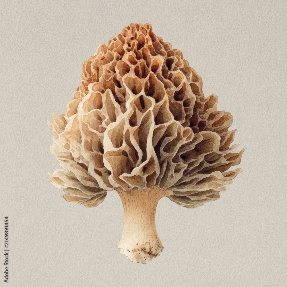 Fototapeta premium Detailed morel mushroom illustration on textured background.