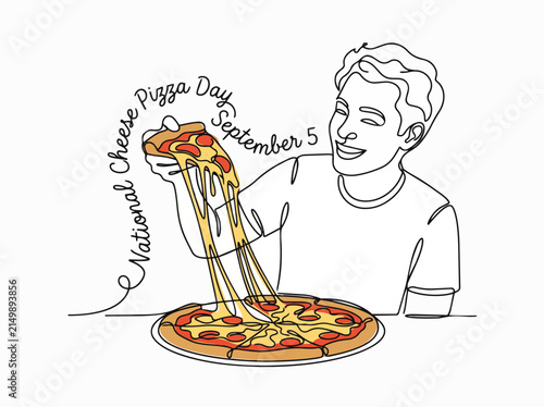 Continuous line drawing of a person eating a slice of pizza