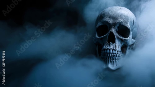 Human skull emerging from dark blue smoke