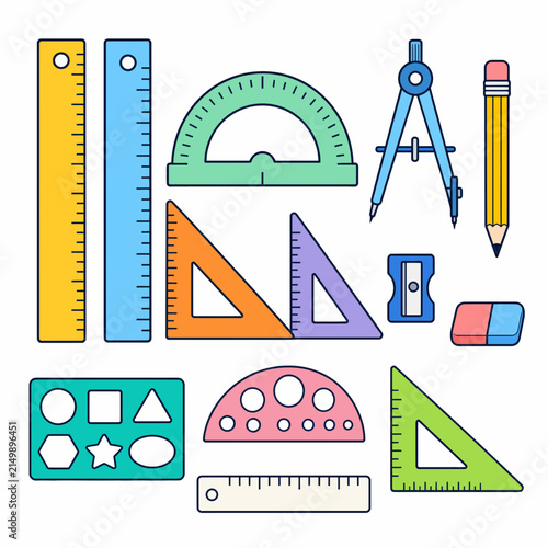 A collection of colorful geometric drafting tools and stationery items are arranged on a.