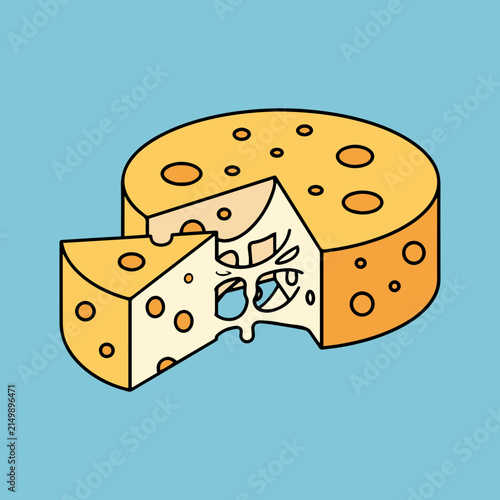 Vector illustration of a yellow round Swiss cheese wheel with a triangular slice cut out showing stretchy melted cheese strings. Cartoon style dairy product icon isolated on light blue background