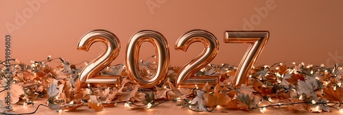 Number 2027 in metallic gold letters stands on a surface covered with fallen leaves and small lights.