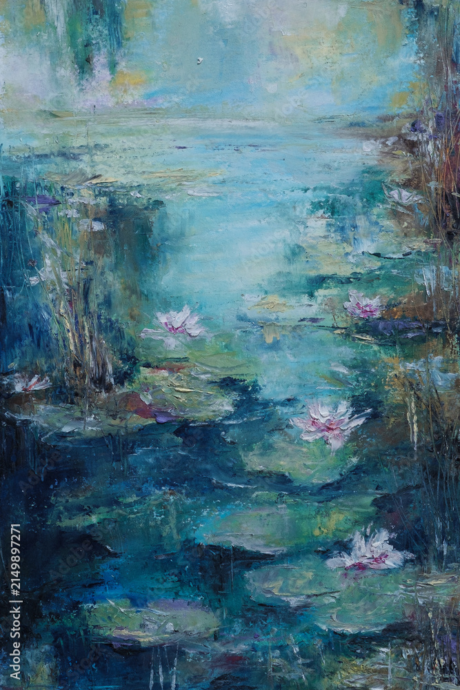 Fototapeta premium Impressionist Oil Pastel Painting of Lotus Pond with Pink Water Lilies