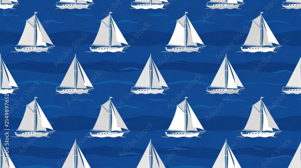 Seamless pattern of white sailboats on blue ocean. Minimalist vector illustration of repeating nautical vessels and waves. Nautical theme for textiles, packaging, and summer branding.